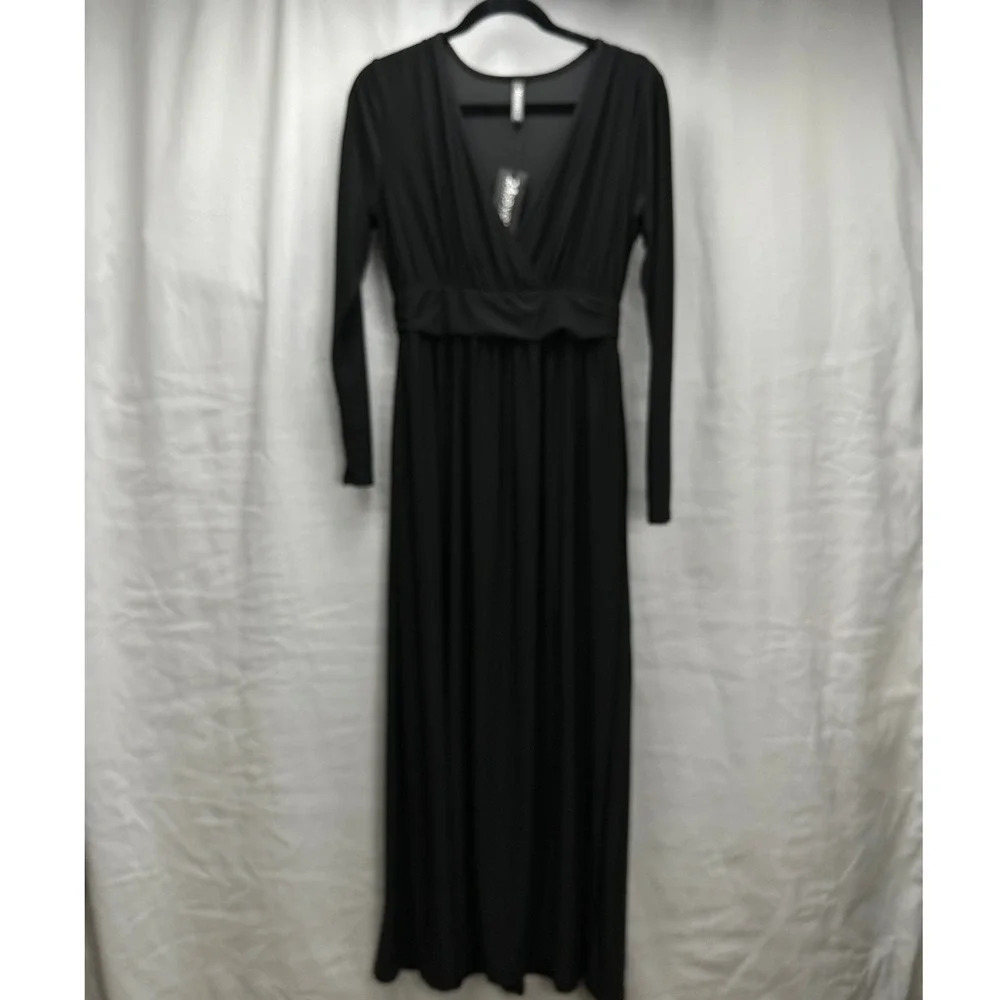 24seven‎ Comfort Apparel Maxi V Neck Long Sleeve Leg Slit Black Dress Pockets